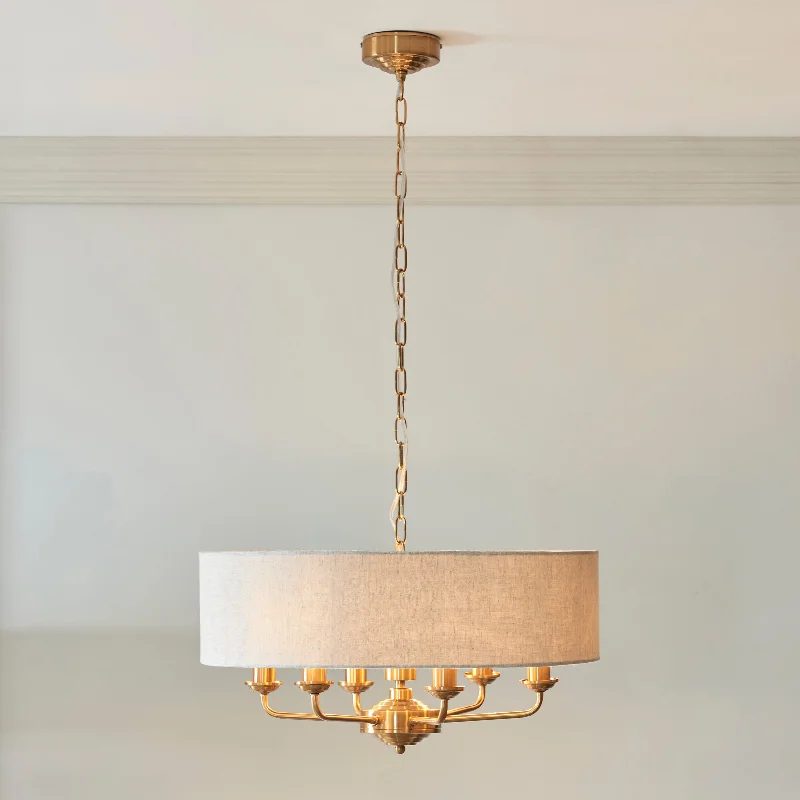 Bohemian Inspired Floor Lamp for Eclectic Home DecorEndon Highclere Vintage Brass 6 Light Pendant - Linen Shade