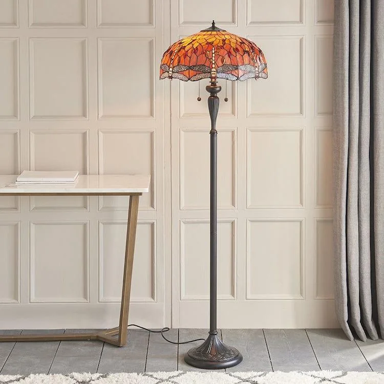 Glass Floor Lamp with Frosted Shades for Soft Diffused LightInteriors 1900 Flame Dragonfly Tiffany Floor Lamp