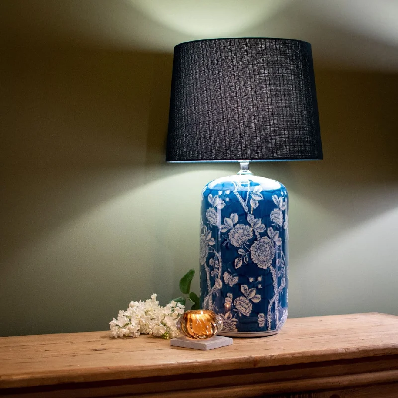 rustic farmhouse table lamps for cozy kitchensIndigo Flowers Lamp with Blue Shade 68cm