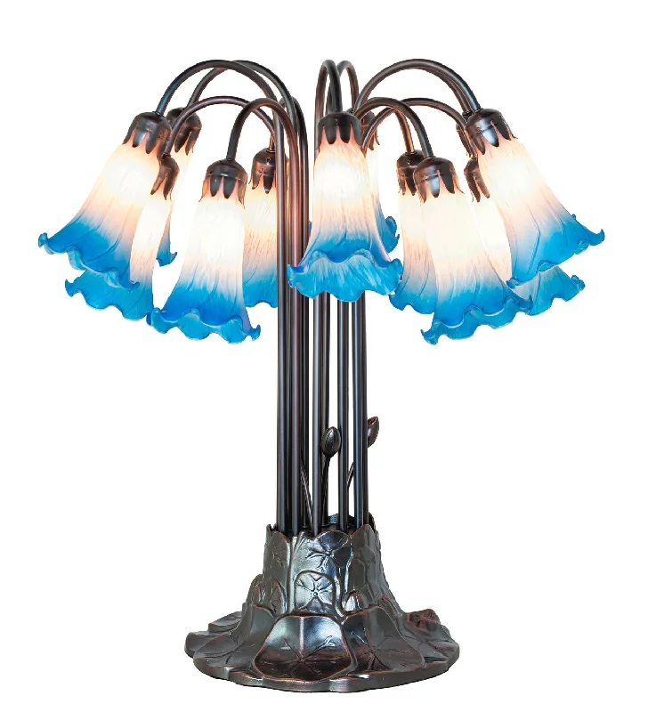 victorian style table lamps with ornate details for traditional homesPink/Blue Tiffany Pond Lily 12 Light Table Lamp