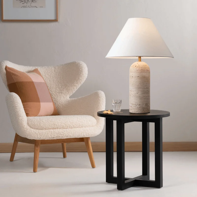 fabric table lamps with a linen shade for a relaxed and breathable lookMinimalist Linen and Travertine Table Lamp