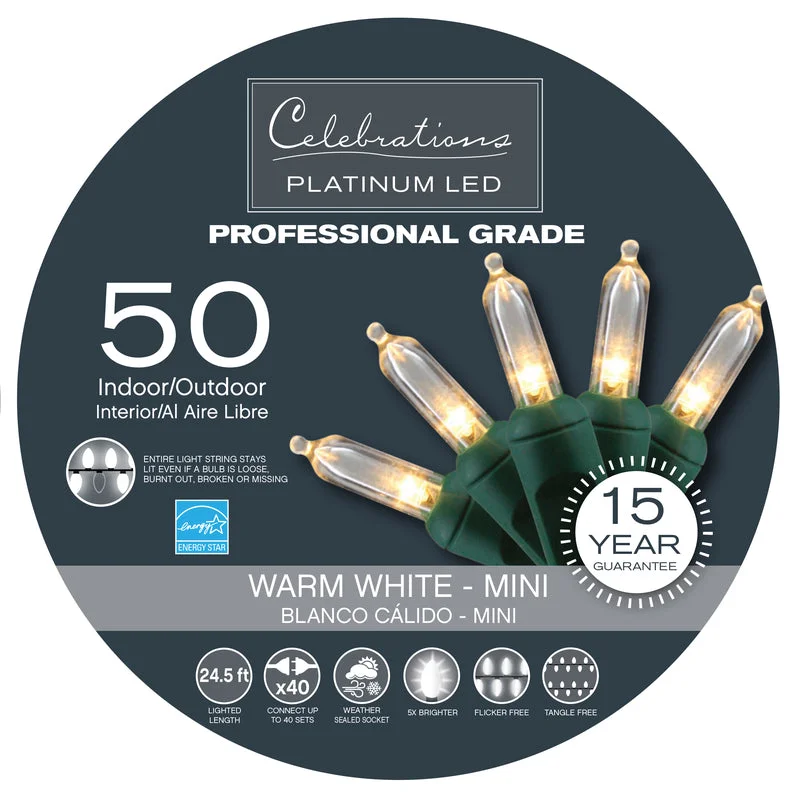 String Lights for Porch LightingCelebrations Platinum LED T5 Warm White 50 ct String Christmas Lights 24.5 ft.